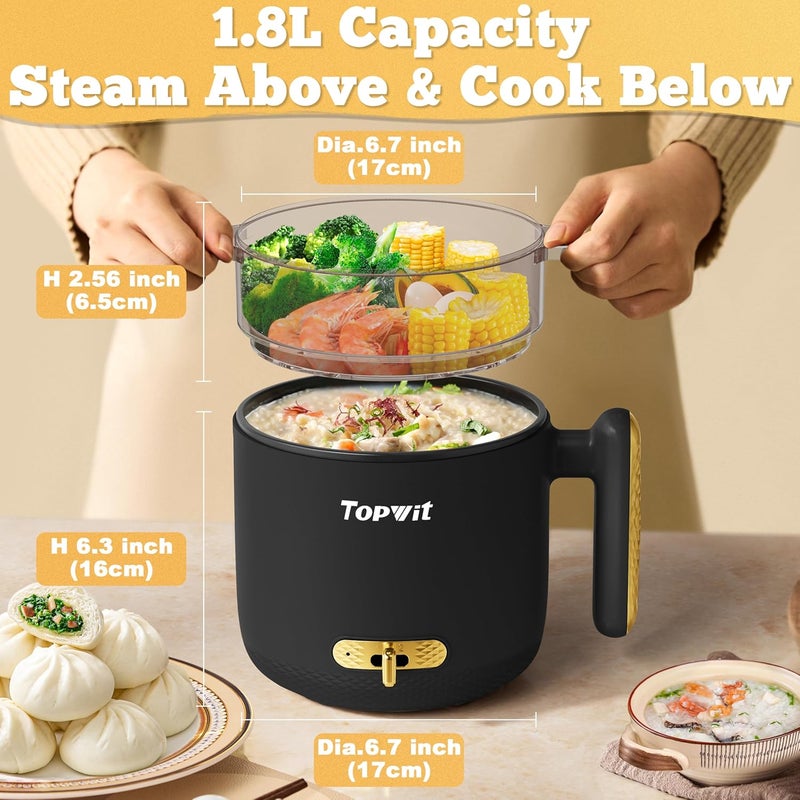 TopWit Hot Pot Electric with Steamer, 1.8L Ramen Cooker, Portable Electric Pot for Cooking, Multifunctional Cooker for Steak, Egg, Soup, Noodle with Power Adjustment, Dorm Room Essential, Black - Image 3